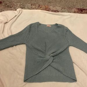 Poof Girl, XL 14/16, teal front knot sweater